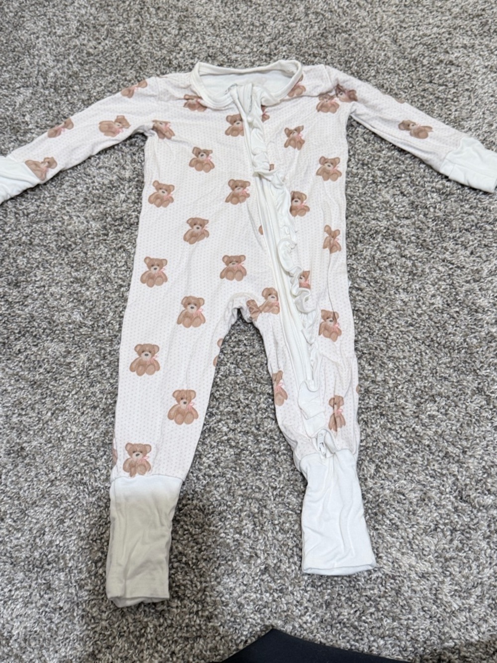 Teddy Bear Print White & Beige Baby One-Piece Zipper Pajamas